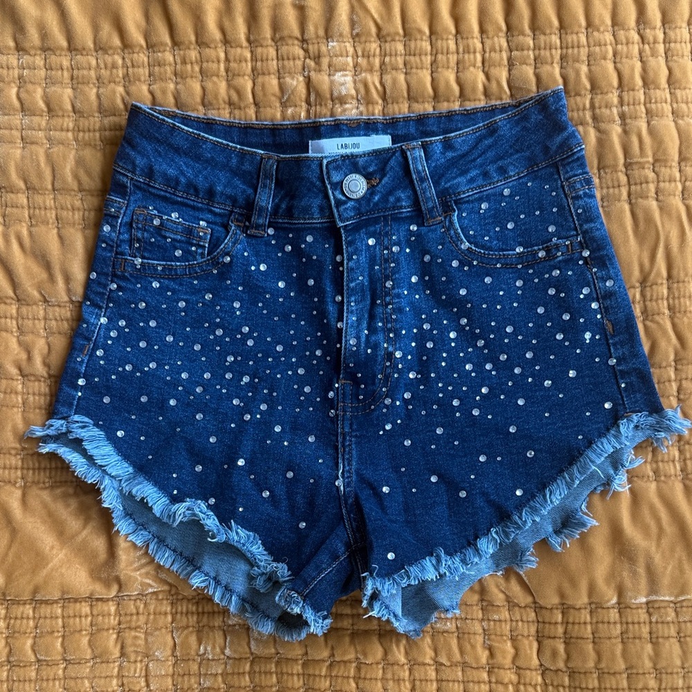 Embellished Blue Denim Shorts